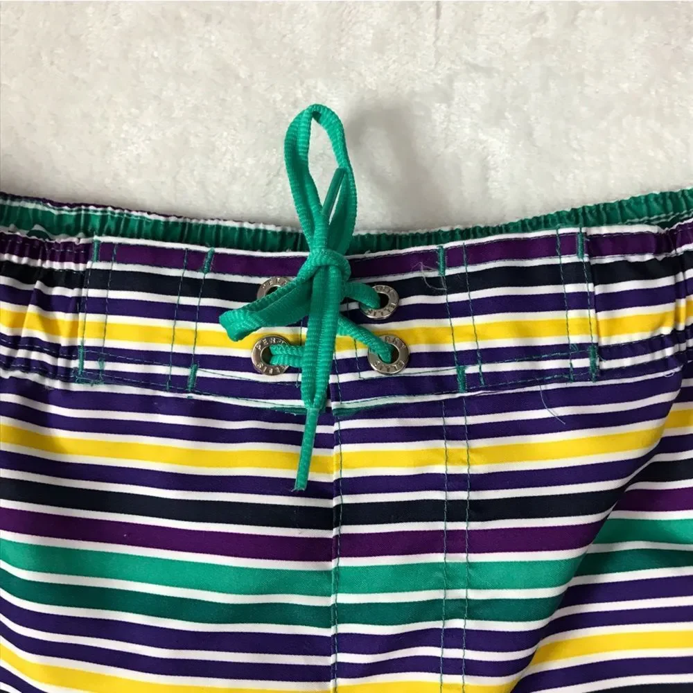Perry Ellis Striped Men's Medium Swim Trunks Board Shorts Green Blue Yellow